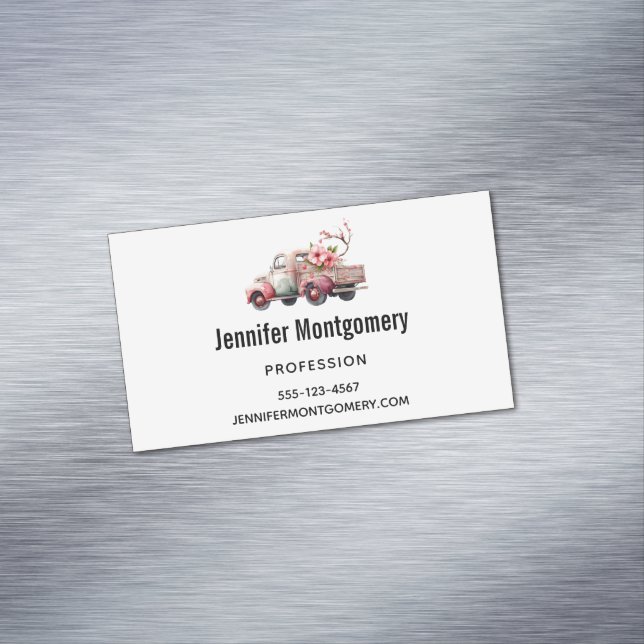 Pink Vintage Farmer's Truck Business Card Magnet (In Situ)
