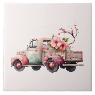 Pink Vintage Farmer's Truck Ceramic Tile