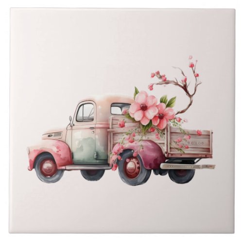 Pink Vintage Farmers Truck Ceramic Tile