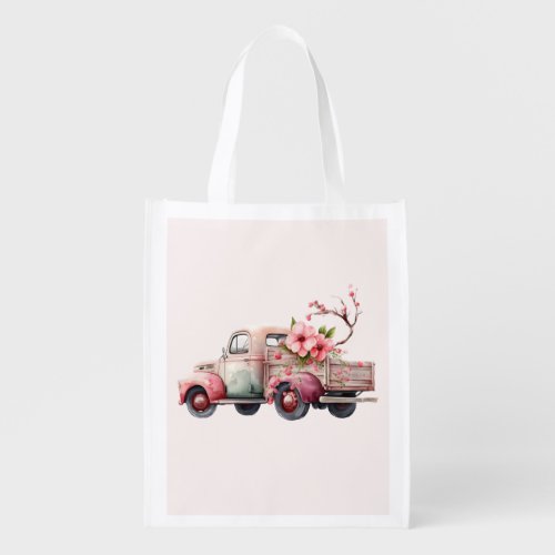 Pink Vintage Farmers Truck Grocery Bag