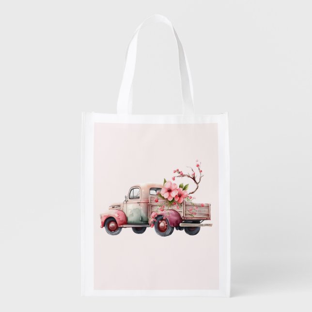 Pink Vintage Farmer's Truck Grocery Bag (Front)