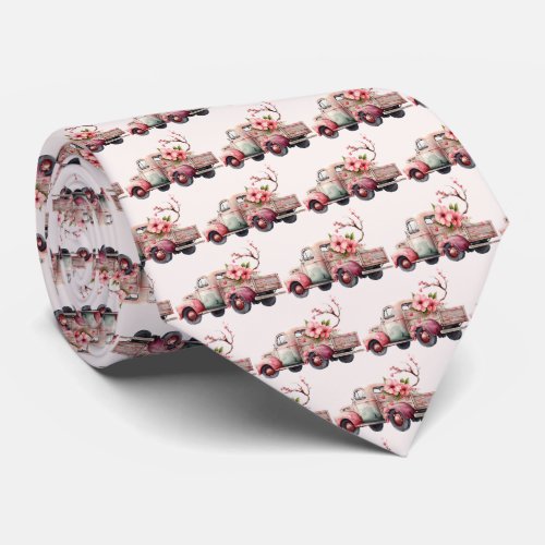 Pink Vintage Farmers Truck Pattern Neck Tie