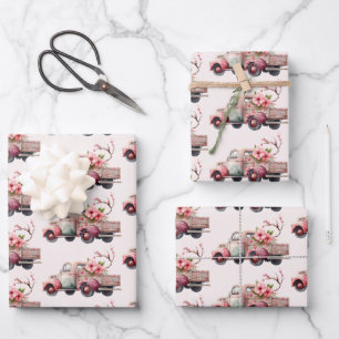 Pink Vintage Farmer's Truck Pattern Wrapping Paper Sheets