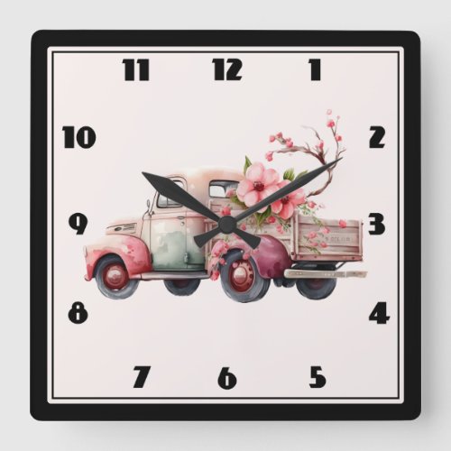 Pink Vintage Farmers Truck Square Wall Clock
