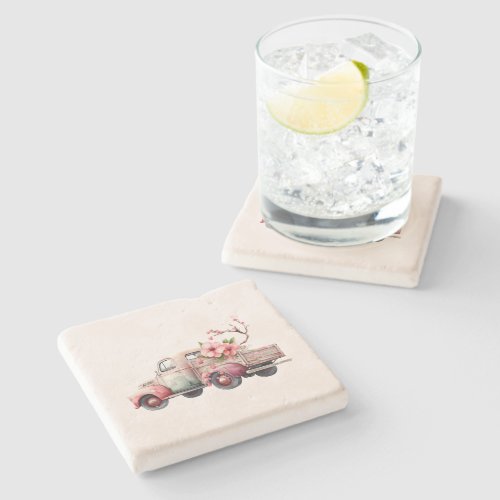 Pink Vintage Farmers Truck Stone Coaster