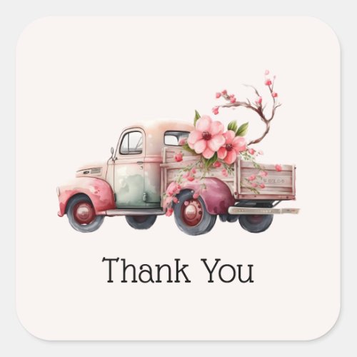 Pink Vintage Farmers Truck Thank You Square Sticker