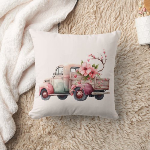 Pink Vintage Farmers Truck Throw Pillow