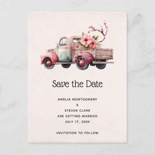 Pink Vintage Farmers Truck Wedding Save the Date Announcement Postcard