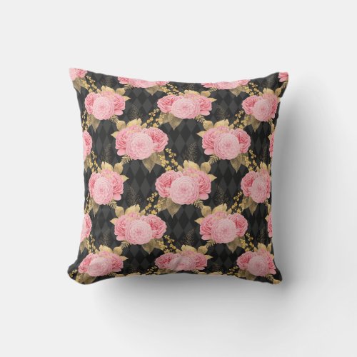 Pink Vintage Floral Black Harlequin Pattern  Outdoor Pillow
