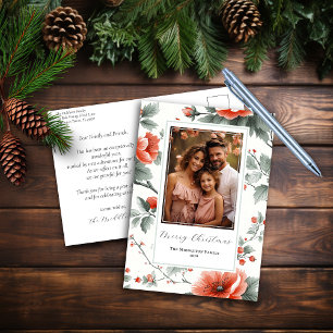Pink Vintage Floral Christmas Postcard with Photo