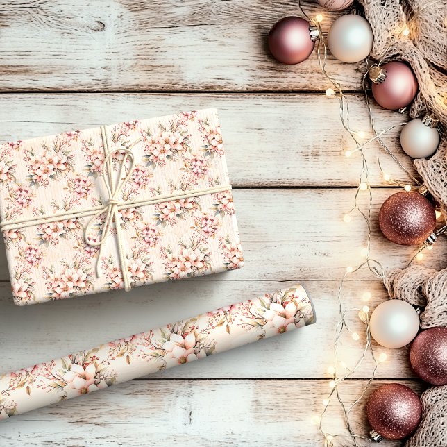 Pink Vintage Floral Christmas Wrapping Paper (Shabby Chic Christmas Wrap)