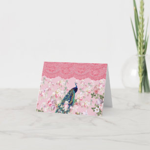Pink vintage floral elegant lace colorful peacock card
