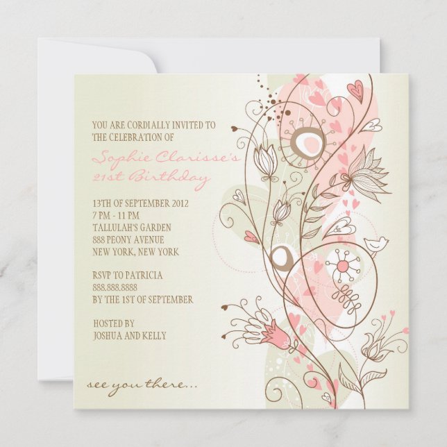 Pink Vintage Floral Feminine Birthday Invitations (Front)