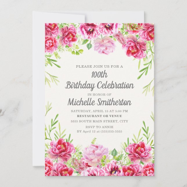 Pink Vintage Floral Greenery 100th Birthday Invitation (Front)