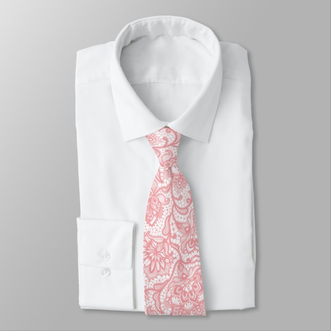 Pink vintage floral lace pattern neck tie (Tied)