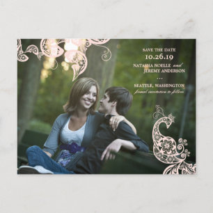 Pink Vintage Floral Peacock Photo Save The Date Announcement Postcard
