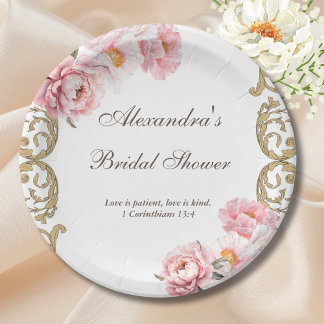 Pink Vintage Floral Peony Christian Bridal Shower Paper Plates