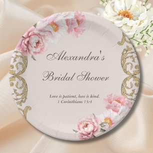 Pink Vintage Floral Peony Christian Bridal Shower Paper Plates