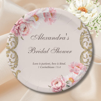Pink Vintage Floral Peony Christian Bridal Shower Paper Plates