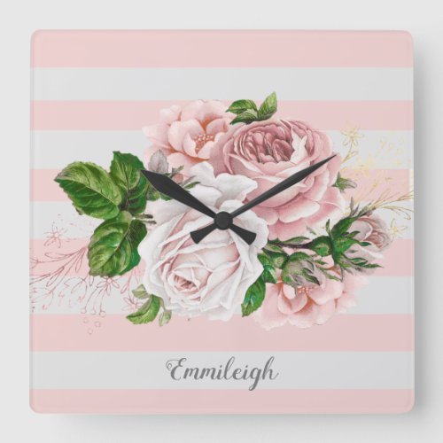 Pink Vintage Floral Striped  Square Wall Clock