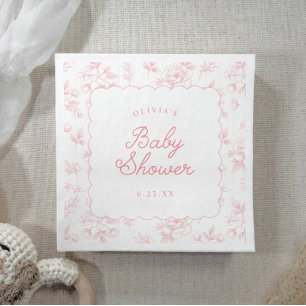 Pink Vintage Floral Toile Scalloped Baby Shower Napkins