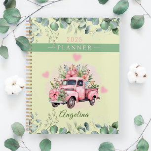 Pink Vintage Floral Truck Greenery Personalize Planner