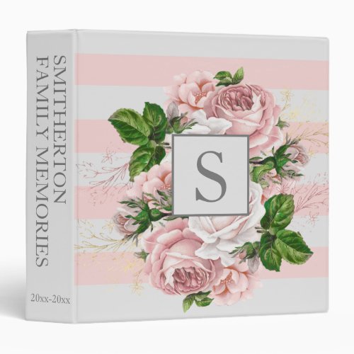 Pink Vintage Floral White Striped Scrapbook Memory 3 Ring Binder