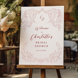 Pink Vintage Flourish Monogram Bridal Shower Sign