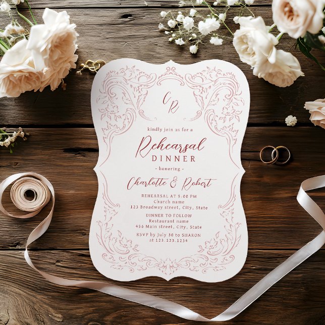 Pink Vintage Flourish Monogram Rehearsal Dinner Invitation (Pink Vintage Flourish Monogram Rehearsal Dinner Invitation)