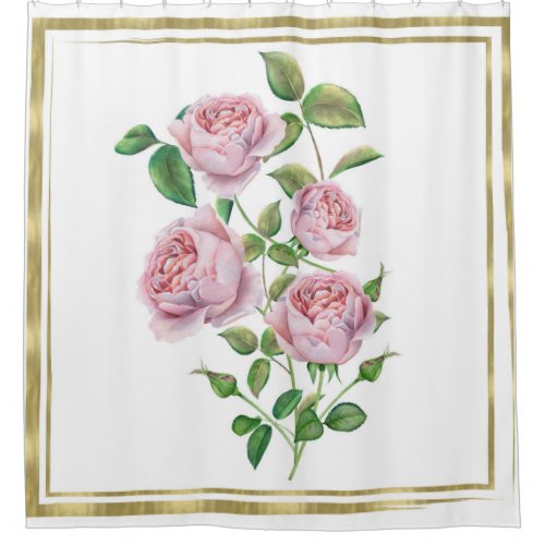 Pink Vintage Flowers Botanical Green Leaves Gold Shower Curtain