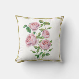 Pink Vintage Flowers Botanical Green Leaves Gold Throw Pillow