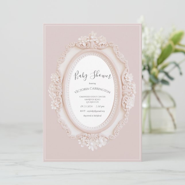 Pink Vintage Frame Baby Shower Invitation (Standing Front)