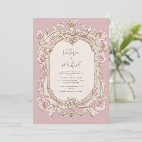 Pink Vintage Frame Elegant Wedding Invitation