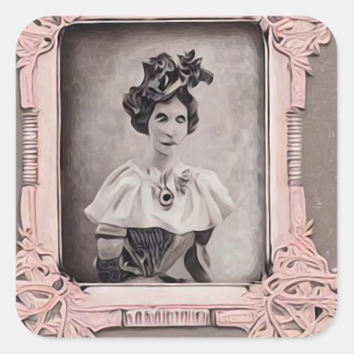 Pink Vintage Framed Picture of Woman Square Sticker
