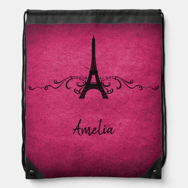 Pink Vintage French Flourish Drawstring Backpack (Front)
