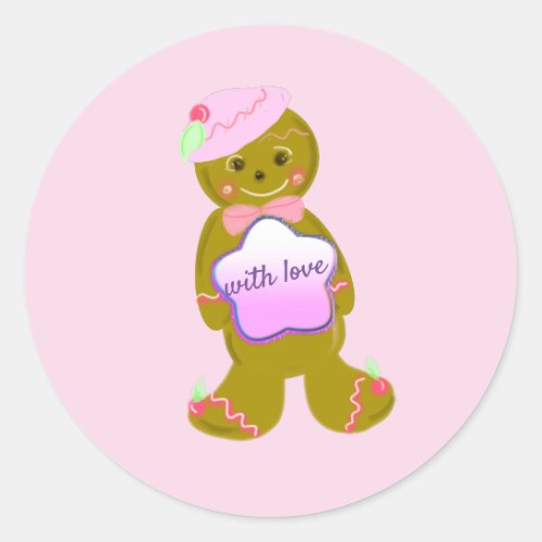 Pink Vintage Gingerbread Man Round Sticker