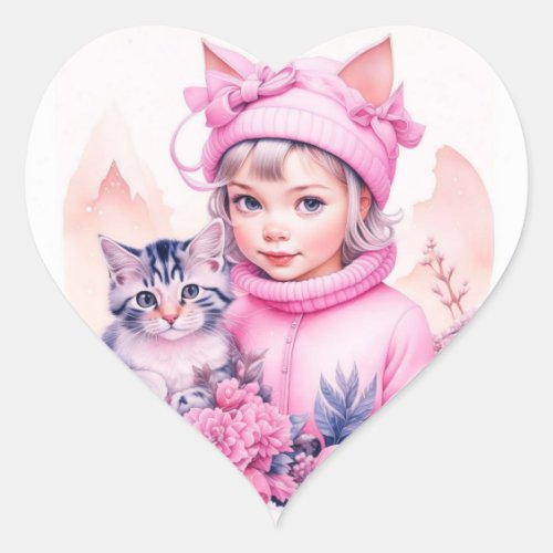 Pink Vintage Girl and Gray Kitten Christmas Heart Sticker
