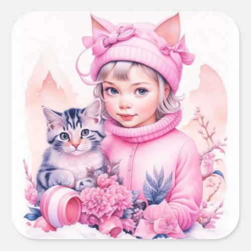 Pink Vintage Girl and Gray Kitten Christmas Square Sticker