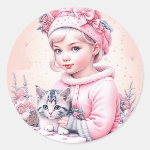 Pink Vintage Girl and Kitten Christmas Classic Round Sticker