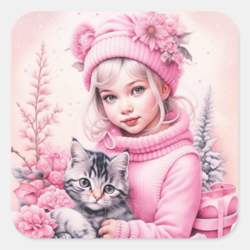 Pink Vintage Girl and Kitten Christmas Square Sticker