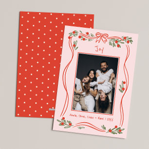 Pink Vintage Hand-Drawn Bow Frame Photo Christmas Holiday Card