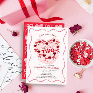 Pink Vintage Heart Cake Girl 2nd Birthday Invitation
