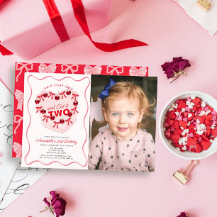 Pink Vintage Heart Cake Girl Photo 2nd Birthday Invitation