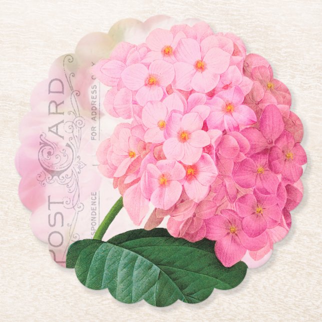 Pink Vintage Hydrangea Paper Coasters (Front)