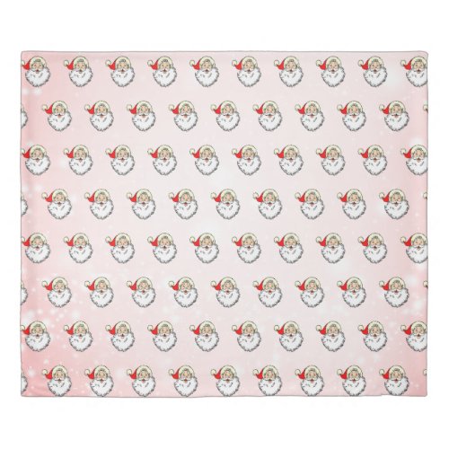 Pink Vintage Jolly Santa Smiling Face Christmas Duvet Cover