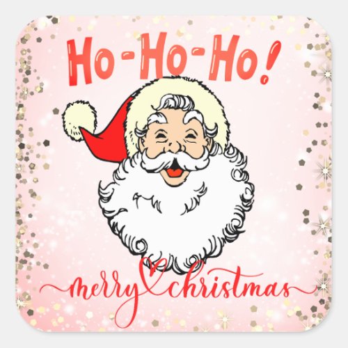 Pink Vintage Jolly Santa Smiling Face Christmas Square Sticker