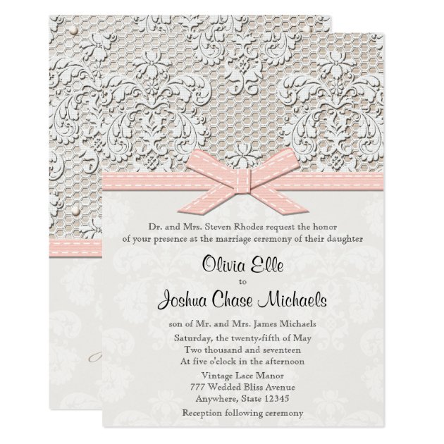 Pink Vintage Lace And Pearls Glamour Wedding Invitation