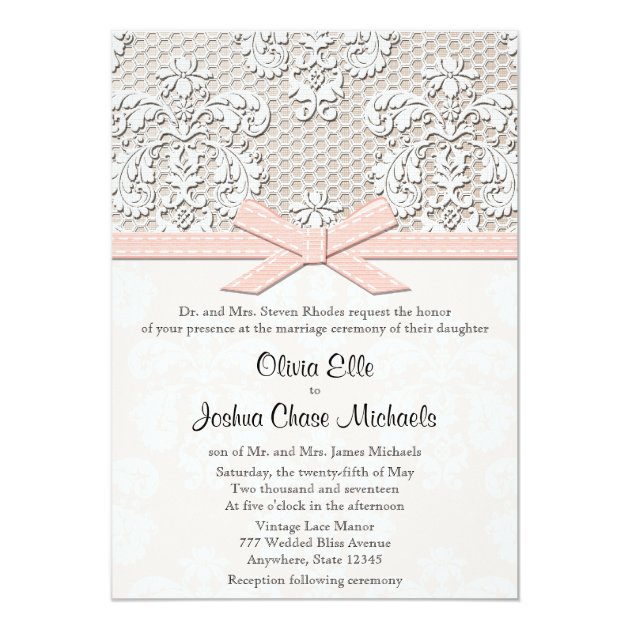 Pink Vintage Lace And Pearls Glamour Wedding Invitation
