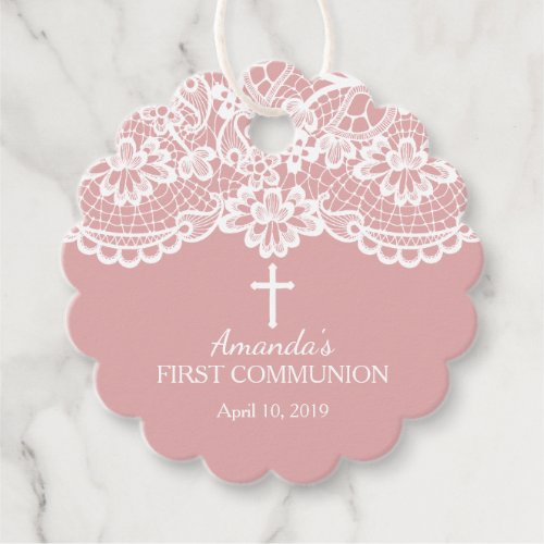 Pink Vintage Lace First Holy Communion Favor Tags