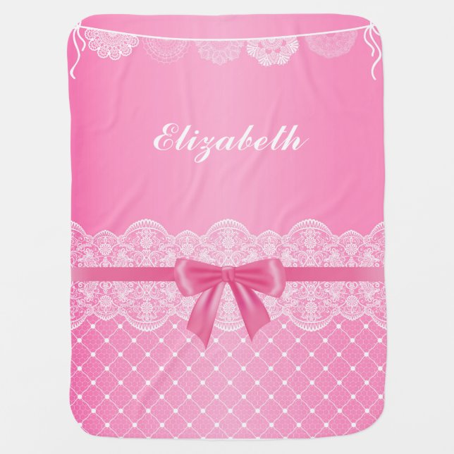 Pink Vintage Lace with ribbon Baby Blanket (Front)
